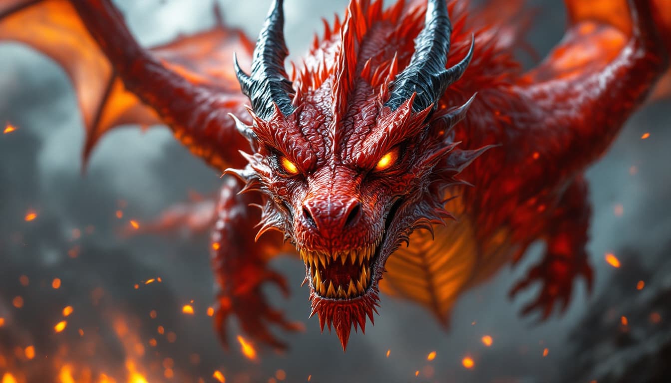 AI generated: A close-up of a massive red dragon mid-flight, its glowing amber eyes locked in an intense, predator...