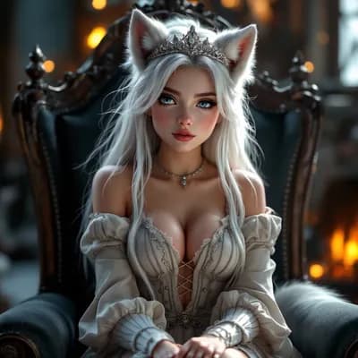 AI generated video: Arms on armrests. Wolf ears move, twitch and swivel. 