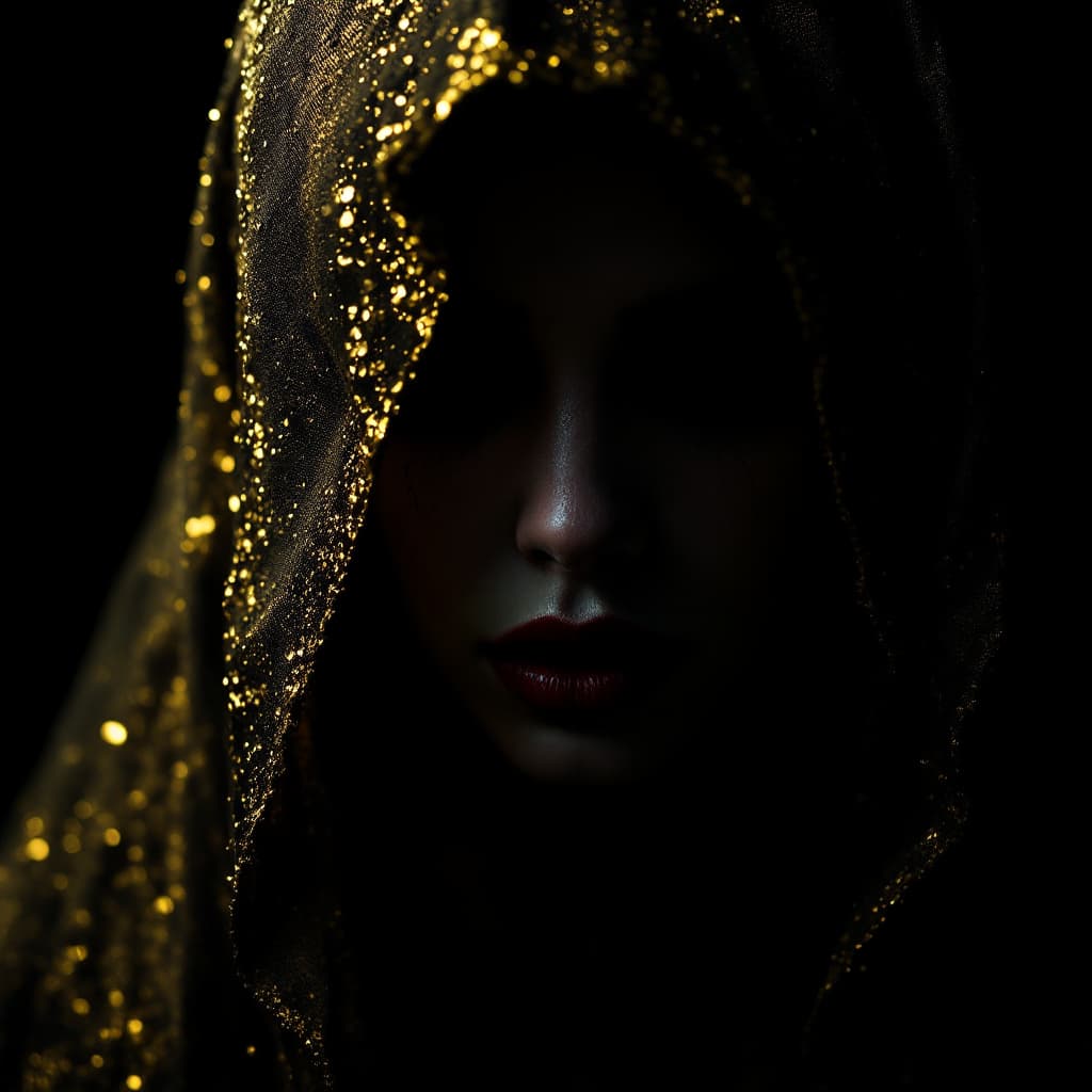 AI generated: creates an image showing a woman from a horror movie, with a golden veil covering her face. Only the...