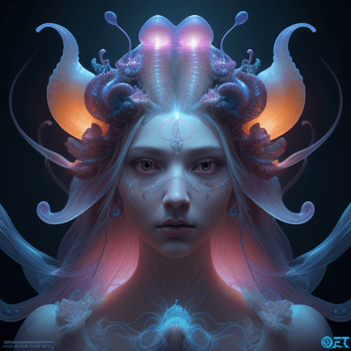 AI generated: Goddess close-up portrait ribcagel. jellyfish phoenix head, nautilus, orchid, skull, betta fish, bio...