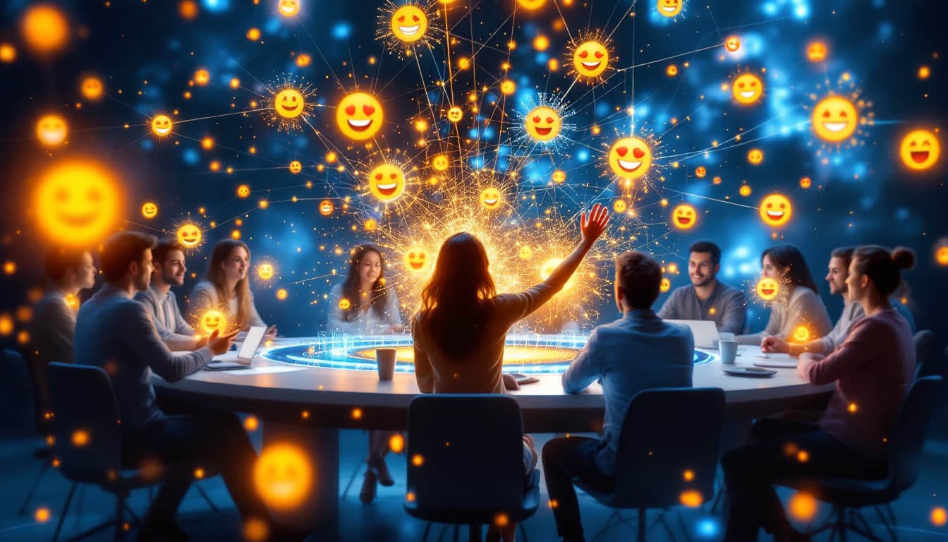AI generated: /imagine prompt: Floating digital roundtable in cyberspace, 12 avatar participants with real-time em...