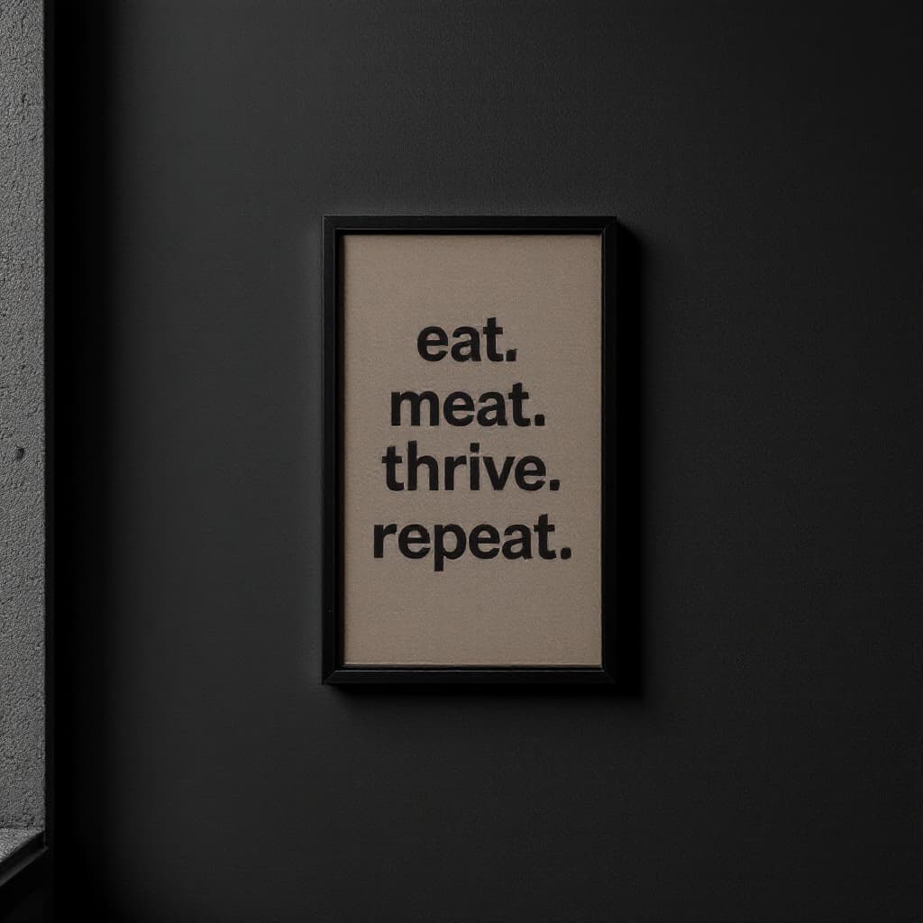 AI generated: darker image of smaller poster on the wall that says on it.
Eat Meat.
Thrive.
Repeat.
Photography

