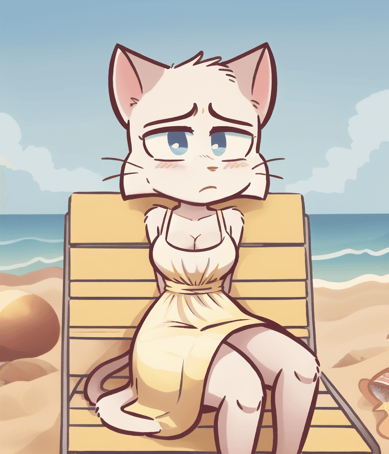 AI generated: <lora:Lucy.v1.1:0.8>, beautiful, masterpiece,(Skinny anthro cat reclining on a lawn chair),thin_face...