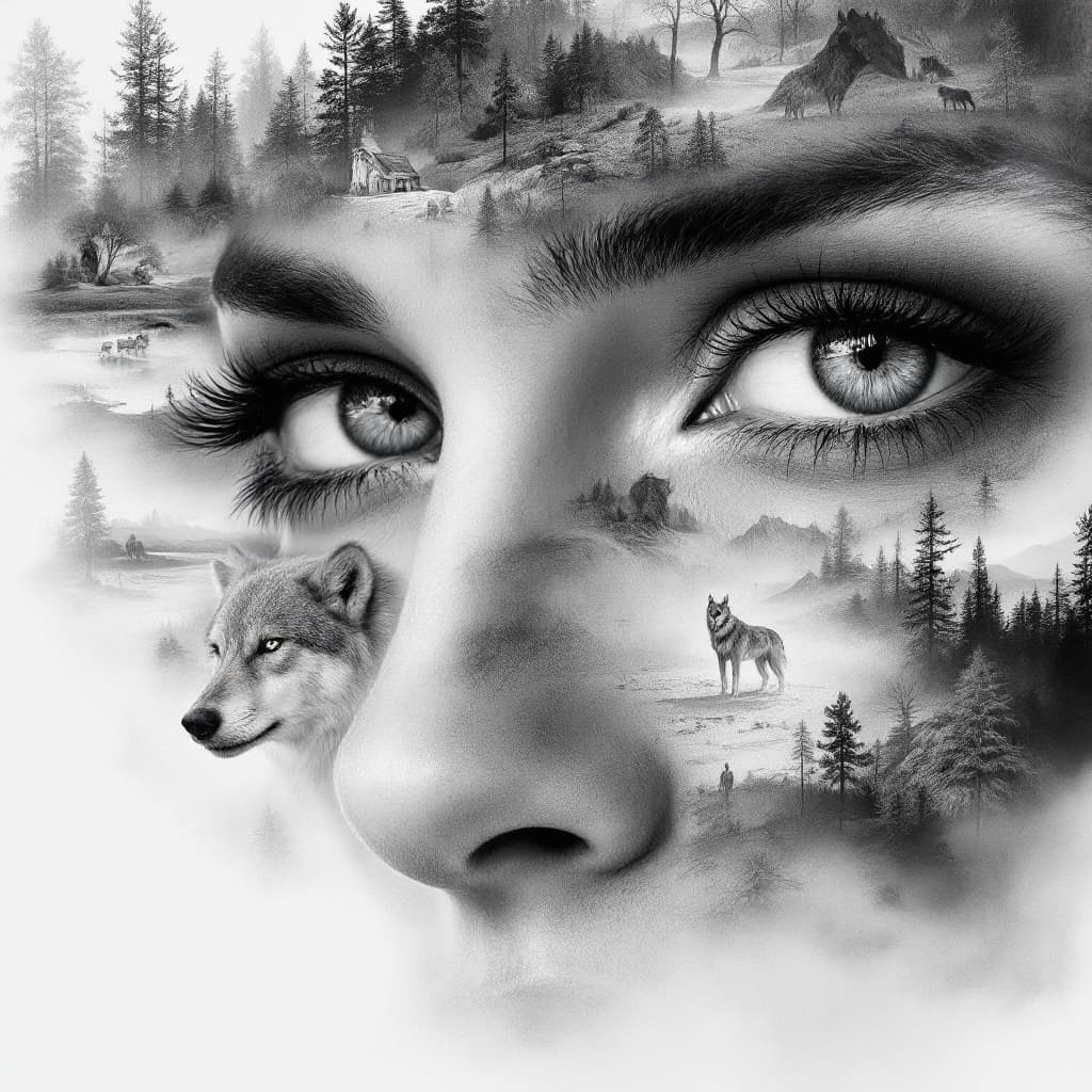 AI generated: digital painting, image inside image, ultra realistic, black and white pencil sketch, very detailed ...