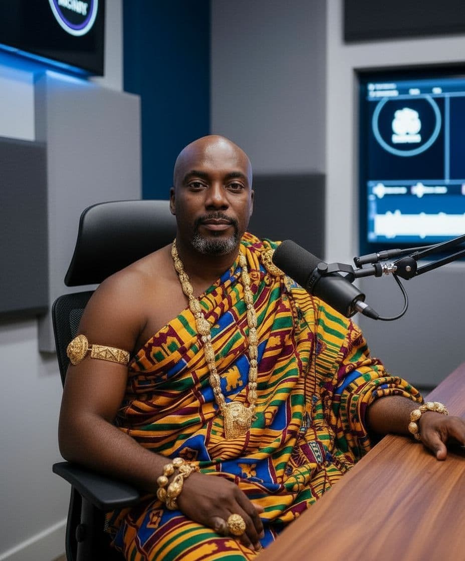 AI generated: “Create a hyper-realistic video frame of the same man wearing a colorful royal kente cloth and gold ...