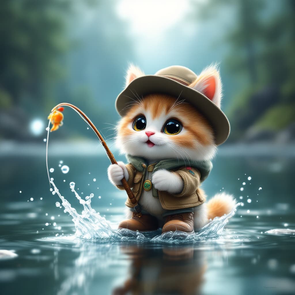 AI generated: a close up of a happy fluffy chibi kitten with boots and fishing outfit and hat and fishing at a lak...