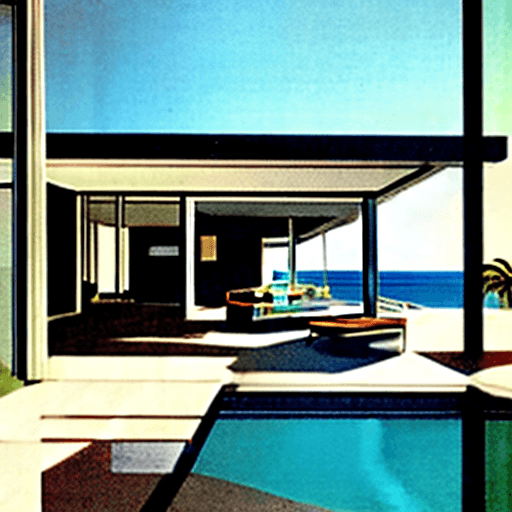 AI generated: Hyper realistic eye level exterior photo of a mid century modern style house overlooking the ocean, ...