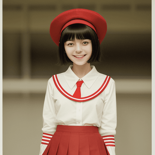 AI generated: Photograph, f/5, very short black hair with choppy bangs, Japanese smiling thin girl wearing red ski...