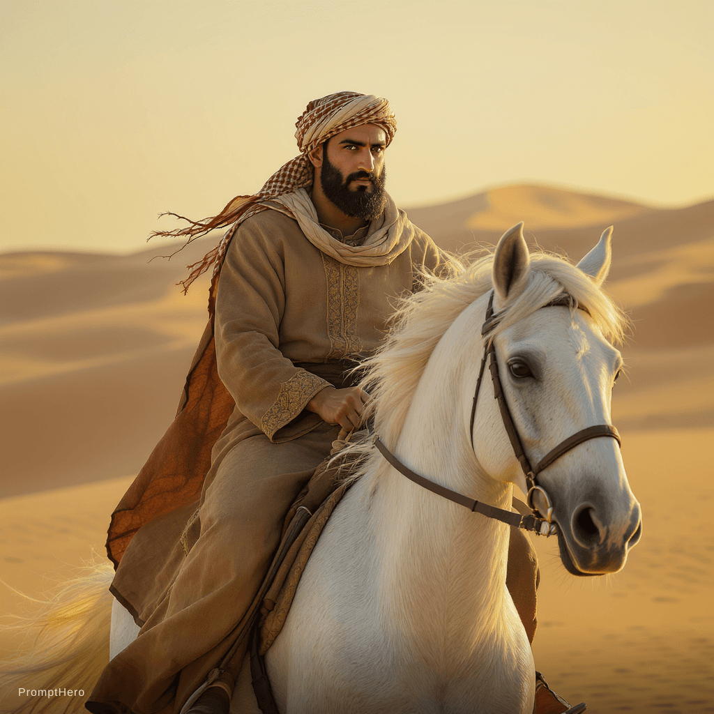 AI generated: ULTRA-PHOTOREALISTIC — Umayyad era Arab rider

A real Arab man from the Umayyad period riding a pure...