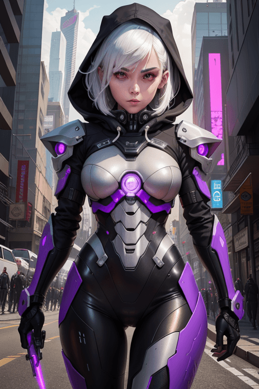 AI generated: (beautiful female assassin), ((beautiful face, symmetrically correct face)), (short white hair, digi...