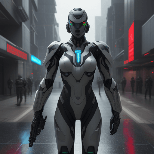 AI generated: Futuristic soldier with hi-tech armor and weaponry, holograms navigations, street, overcast, reflect...
