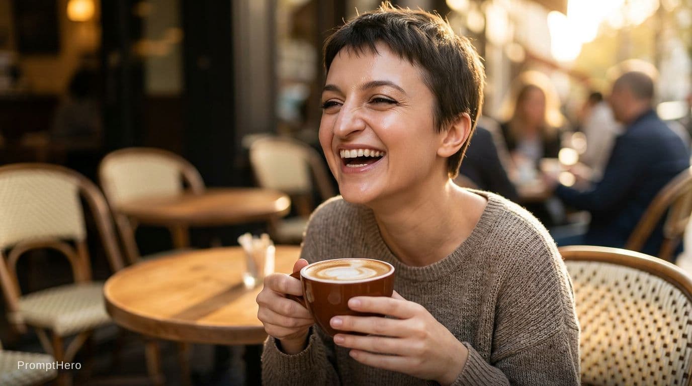 AI generated: sitting at a small round wooden table at an outdoor cafe. She is laughing and holding a brown cerami...