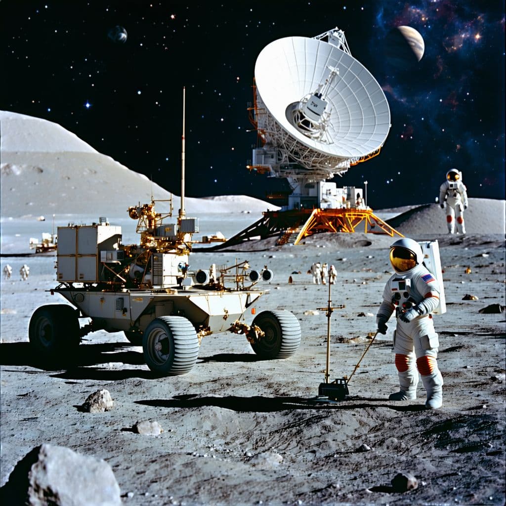 AI generated: Realistic shot of astronauts on the surface of a planet, with a lunar rover and space station in the...