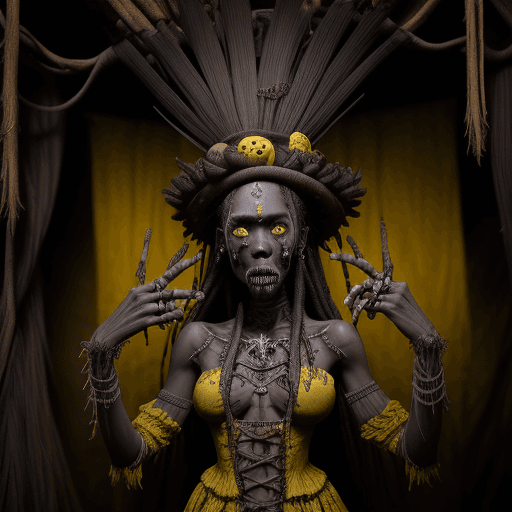 AI generated: A voodoo priest in the creepy hut, with dark complexion skin, yellow eyes, symmetrical features, cre...
