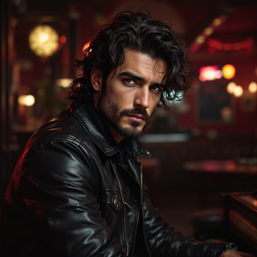 AI generated: Create a hyper-realistic music man, wearing a leather jacket a backdrop of  piano bar
