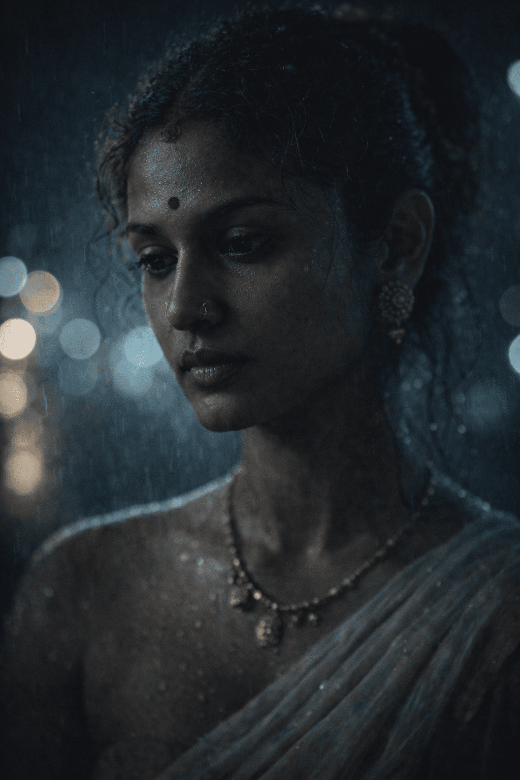 AI generated: cinematic portrait of an Indian woman at night, subtle rain-soaked atmosphere, soft reflections on s...