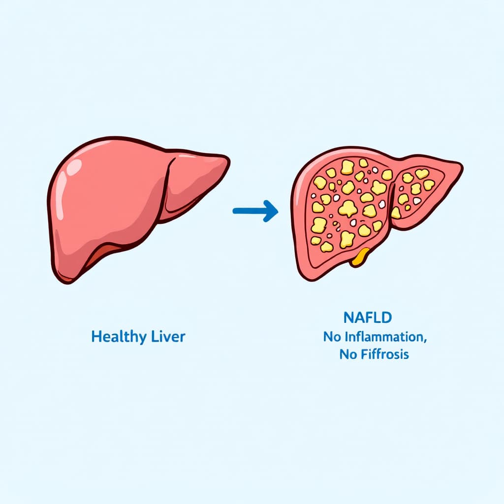 AI generated: A simple medical illustration showing the characteristics of non-alcoholic fatty liver disease (NAFL...