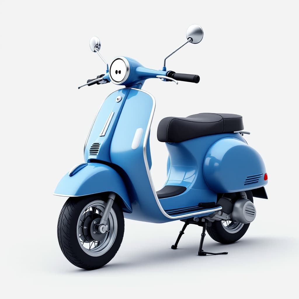 AI generated: *"Ultra-minimalist 2D flat blue Vespa LML 150 scooter, standing normally on two black semi-circle wh...