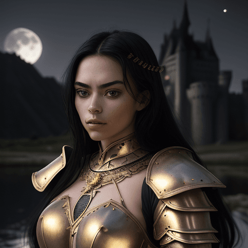 AI generated: Portrait of a girl, the most beautiful in the world, (medieval gold armor), metal reflections, upper...