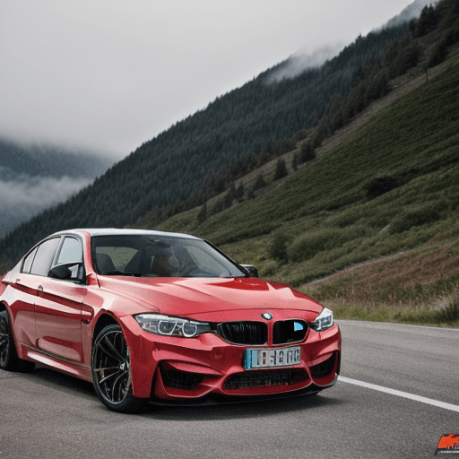 AI generated: High resolution, 2016 bmw m3, candy red paint,custom,mountain road, foggy
