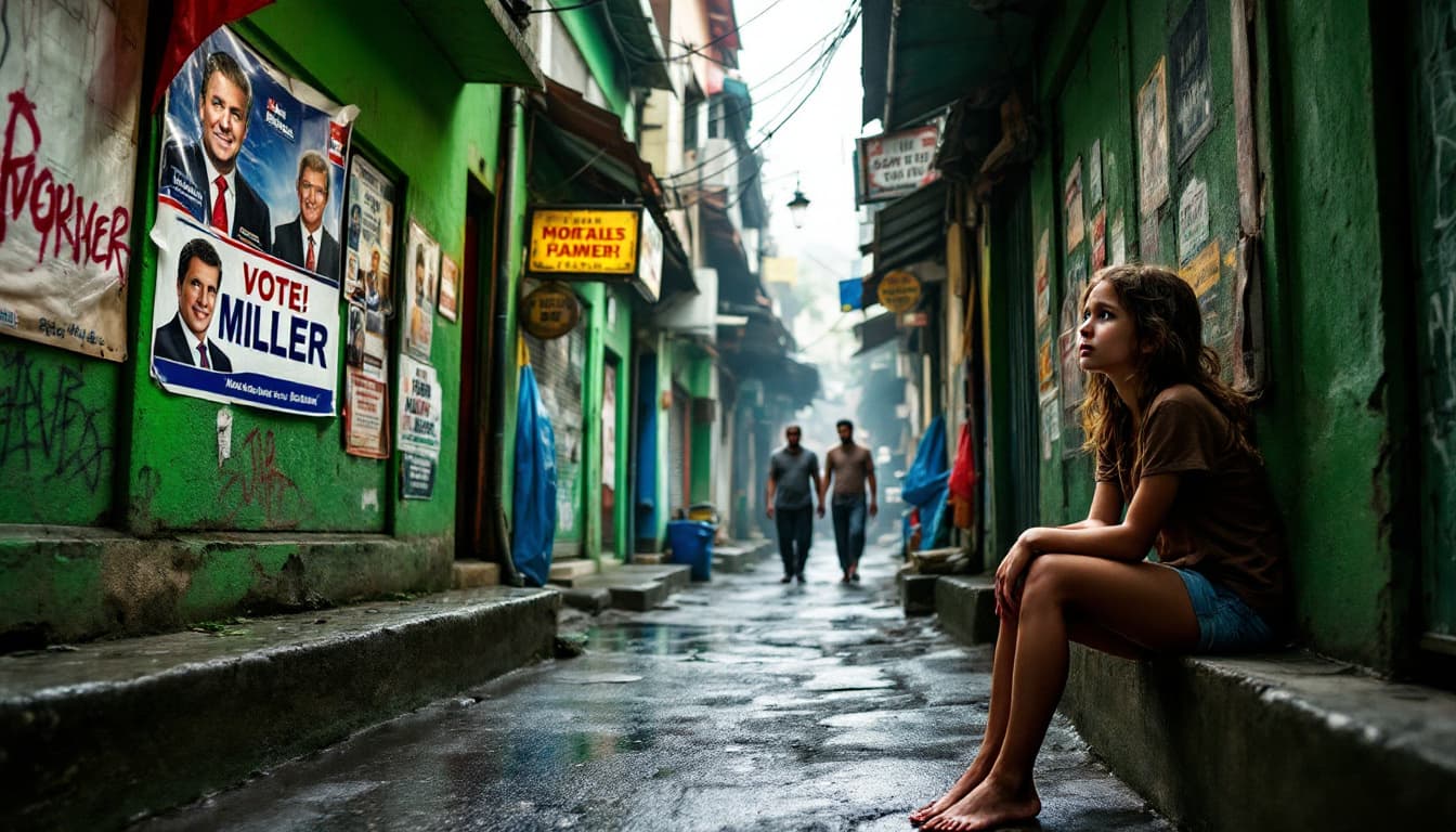 AI generated: create a reaslistic imaage In a narrow, dimly-lit alleyway with makeshift shops and signs, a young g...
