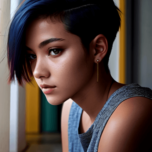 AI generated: young woman sat on the floor, looking away, undercut hair, young woman sat on the floor, looking awa...