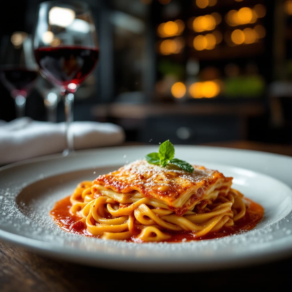 AI generated: 
Capture a delicious LASAGNA 
in close-up, exuding tempting appeal, at a 3 MICHELIN star restaurant....