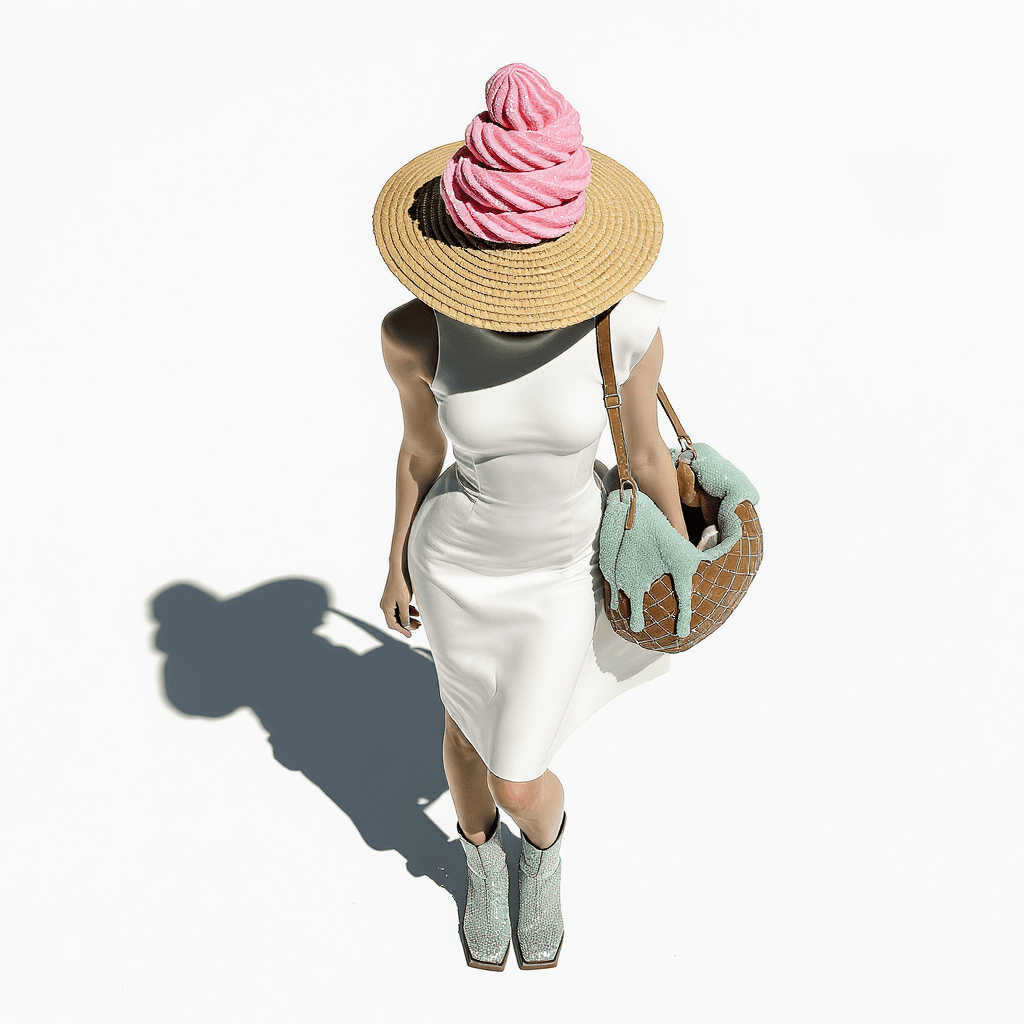 AI generated: Top-down aerial view looking directly down onto a stark white studio floor. Centered below: a highly...