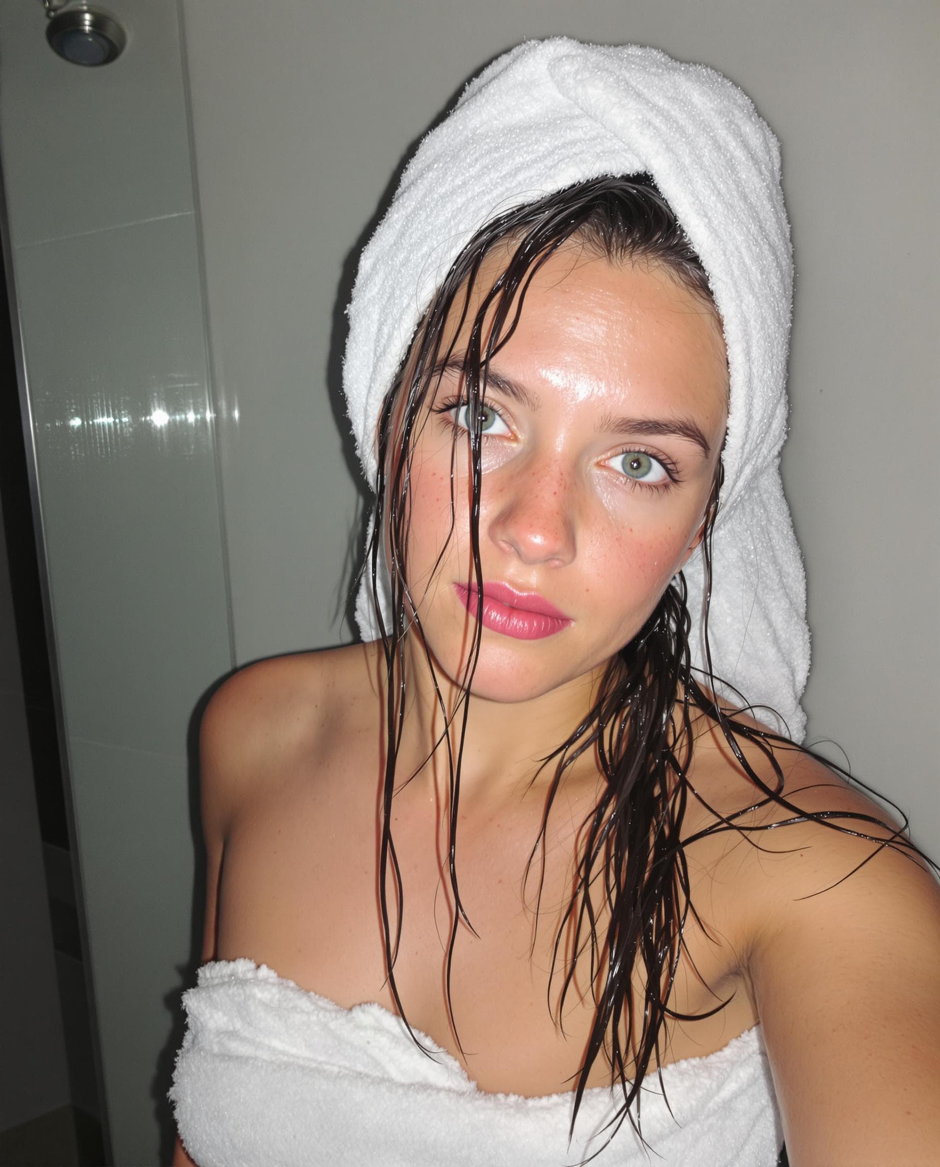 AI generated: low quality phone photo, snapchat, front shot, upper body, 22 year old girl, in the bathroom, just o...