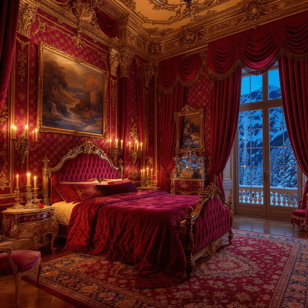 AI generated: A magnificent, enormous bedroom with a double bed in a Rococo palace. There's a fireplace with a fir...