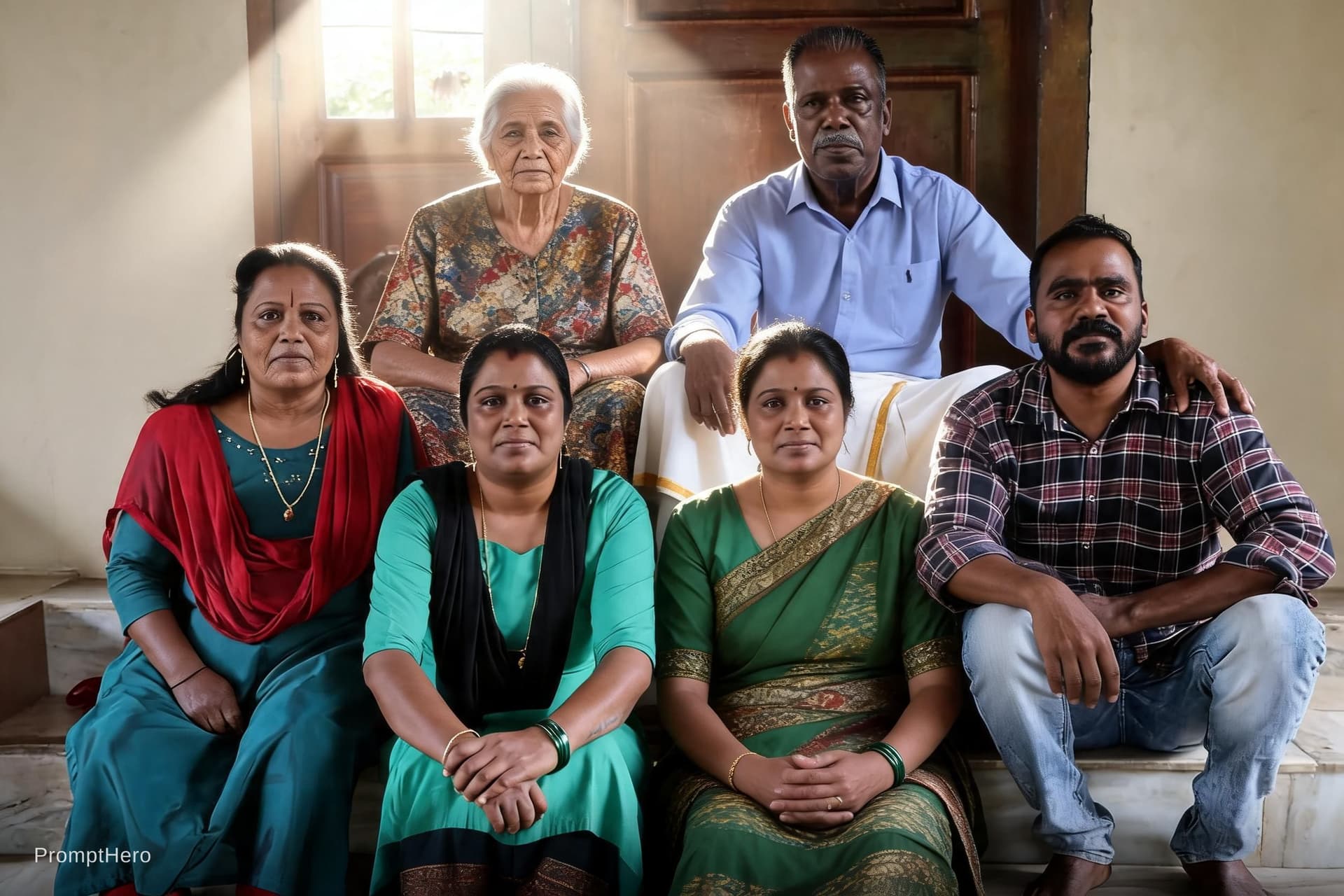 AI generated: Indonesian family photo, 50 year old father, 80 year old mother, 70 year old daughter, 52year old da...