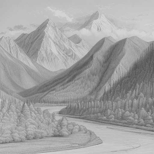 AI generated: sketch valley with low range mountain with trees, three mountain peaks, production plant at the rive...