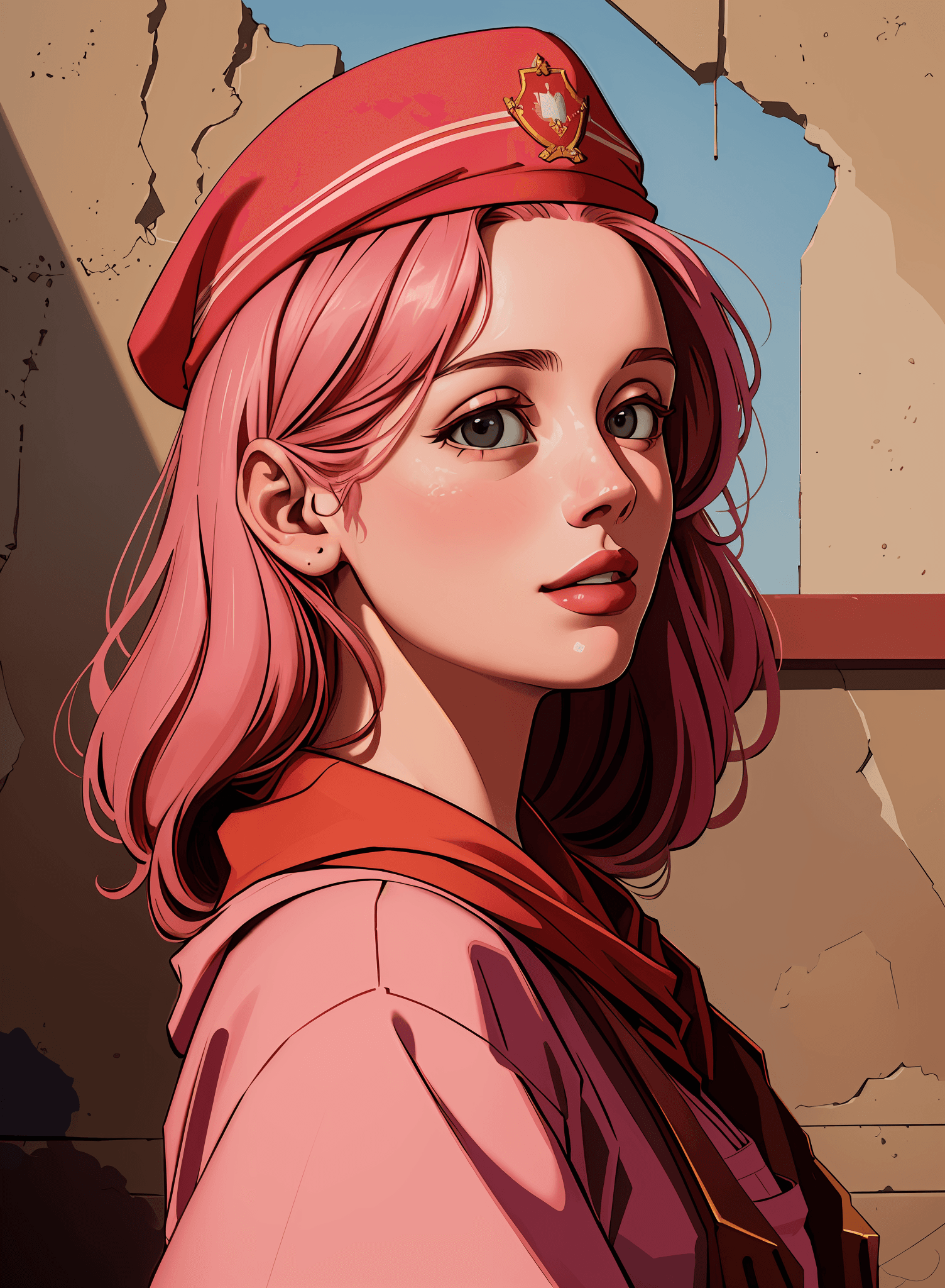 AI generated: An extremely detailed and beautiful masterpiece of Socialist Realism, featuring a woman with a pink ...