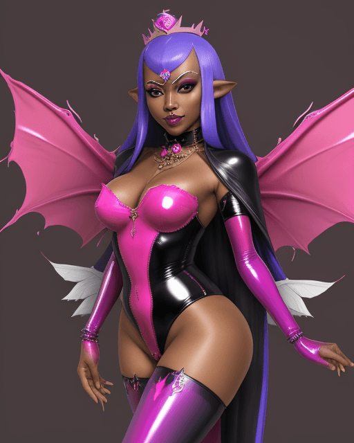 AI generated: Inkling goddess, dressed like a queen, evil, dark skin, devil, happy, wings, pink, latex