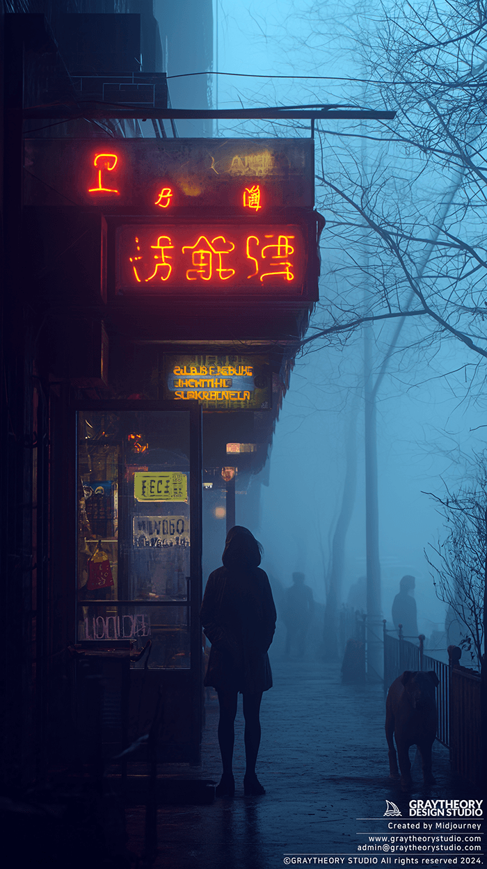 AI generated: photography, front view, realism lights, a thick fog effect, some people and dogs silhouette --chaos...