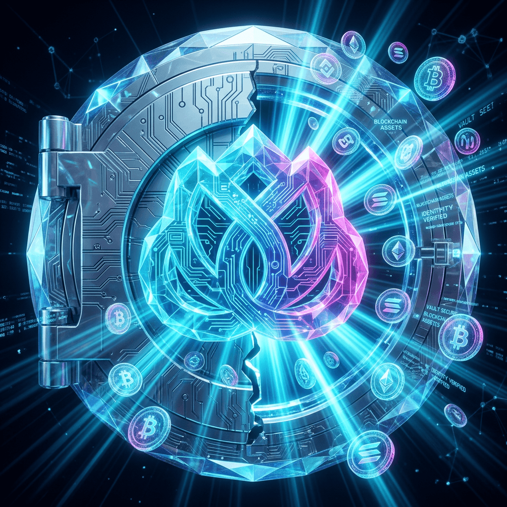 AI generated: Futuristic digital wallet vault opening with light rays,
  floating holographic coins and token symb...