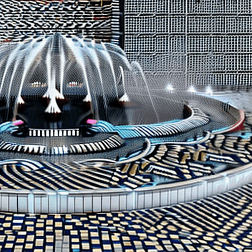 AI generated:  Create an image of a round fountain 8 meter wide with eight water jets on the edge distributed equa...