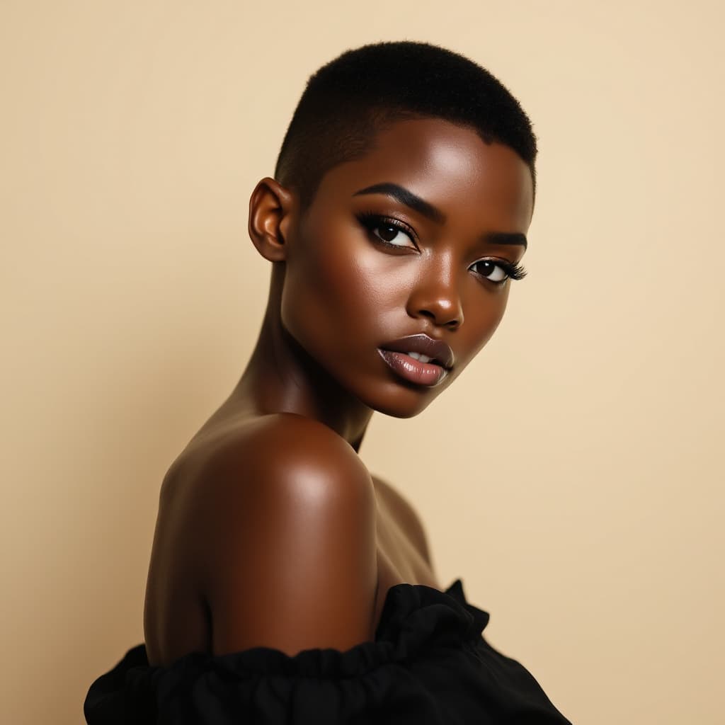 AI generated: hair photography, black woman, pixie cut hair, black  color, ivory hue background, studio lighting s...