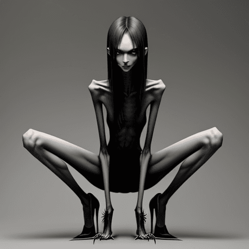AI generated: very skinny slender girl, with long curved claws, with skinny legs and long skinny calves in high he...