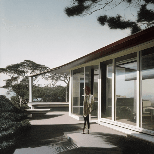 AI generated: Hyper realistic eye level exterior photo of a mid century modern style house overlooking the ocean, ...