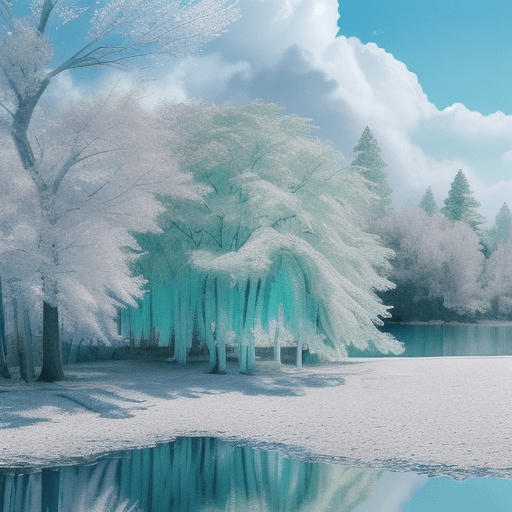 AI generated: lake blue clear crystal, Clouds white, tree green, Colorful, Detailed, 4k, Ultra Hd, Realistic, Vivi...