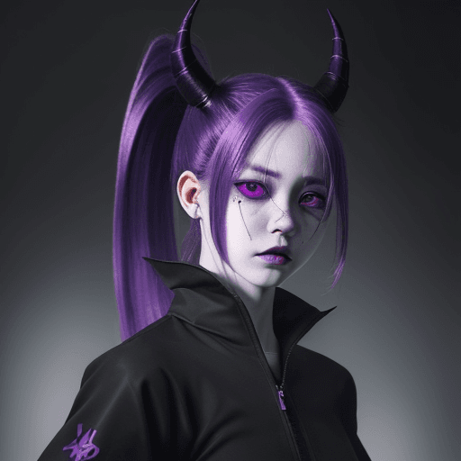 AI generated: 
beautiful girl, pretty face, pale-skinned demon girl in techwear, purple hair ponytail, short horns...