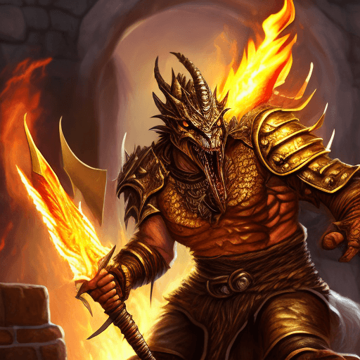 AI generated: A dungeons and dragons fire gold dragonborn spitting fire and holding a glaive in his hand