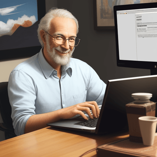 AI generated: Art of a you man around 30 years sitting on his computer with a great mood with glasses on typing cr...