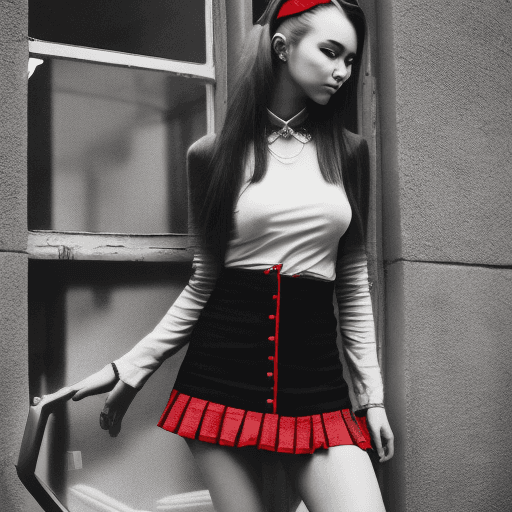 AI generated: A beautiful woman standing next to a window, posing in black long sleeves and a short micro miniskir...