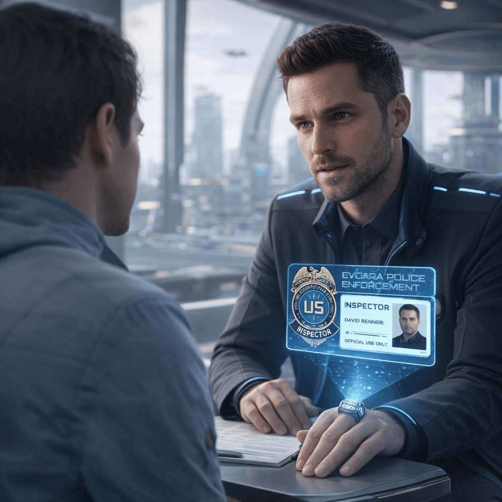 AI generated: Create an image of a Police Enforcement 	Inspector (a Detective) interviewing a witness in a futuris...