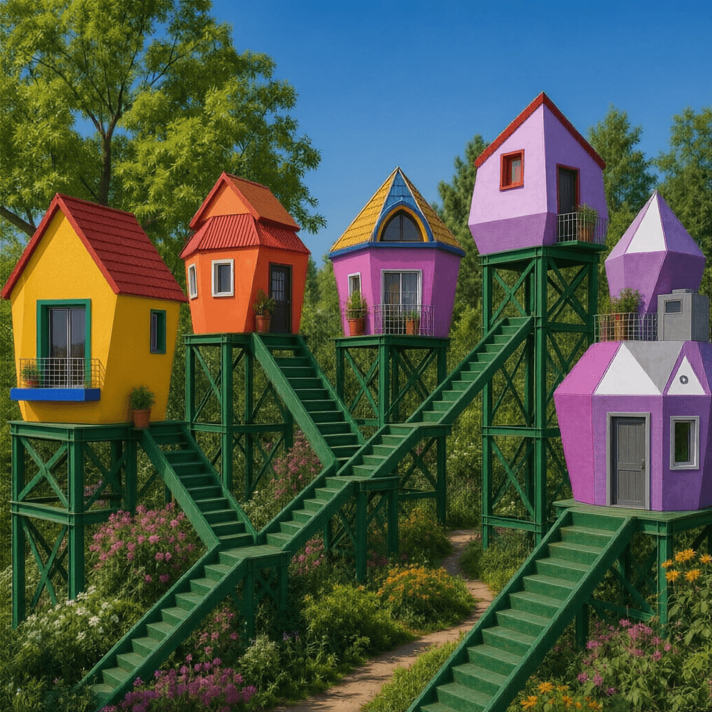 AI generated: Change the roof shapes of the 3 prismatic houses from the left side of the picture. Make them single...