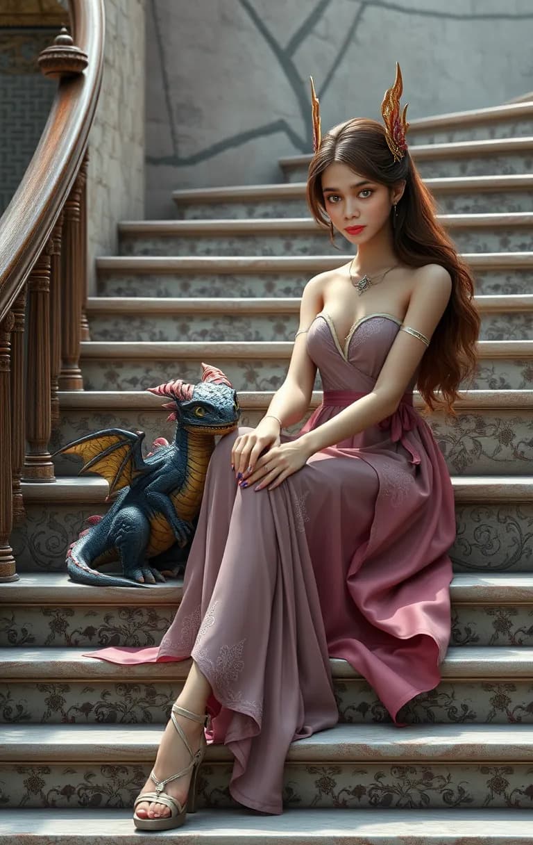 AI generated: A very pretty lady sitting on a set of stairs with a baby dragon beside her, hyperrealism, photoreal...