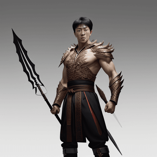 AI generated: A young man stands tall and strong like Jet Li and Jackie Chan mythology, a spear at neck level hori...