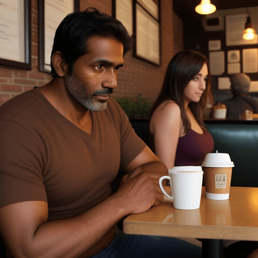 AI generated: brown man, 42 yrs old, professional, in a coffee shop with a girl friend